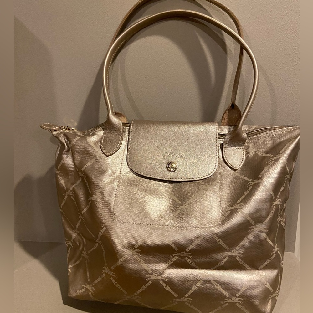 Longchamp Metallic Champagne Tote with Iconic Longchamp Patterned Exterior
